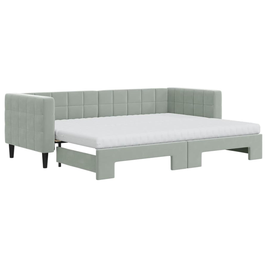 Slaapbank Onderschuifbed Matrassen Fluweel 80 x 200 cm Lichtgrijs met onderschuifbed en matras
