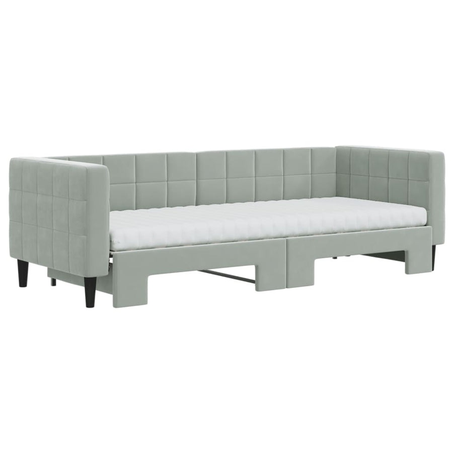 Slaapbank Onderschuifbed Matrassen Fluweel 80 x 200 cm Lichtgrijs met onderschuifbed en matras