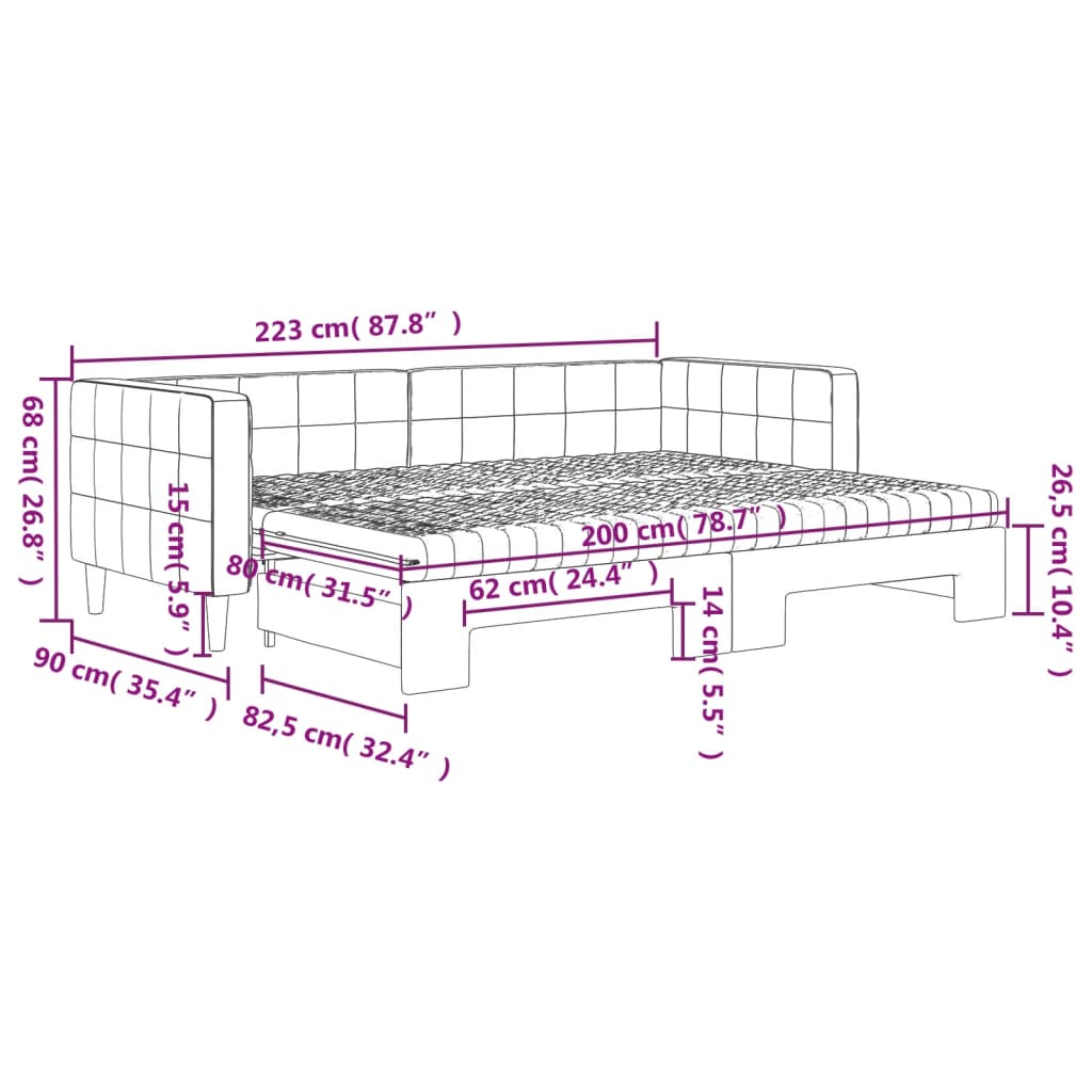 Slaapbank Onderschuifbed Matrassen Fluweel 80 x 200 cm Lichtgrijs met onderschuifbed en matras