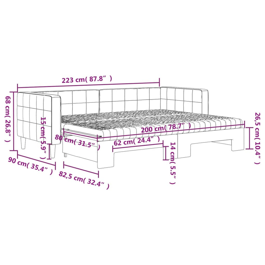 Slaapbank Onderschuifbed Matrassen Fluweel 80 x 200 cm Lichtgrijs met onderschuifbed en matras
