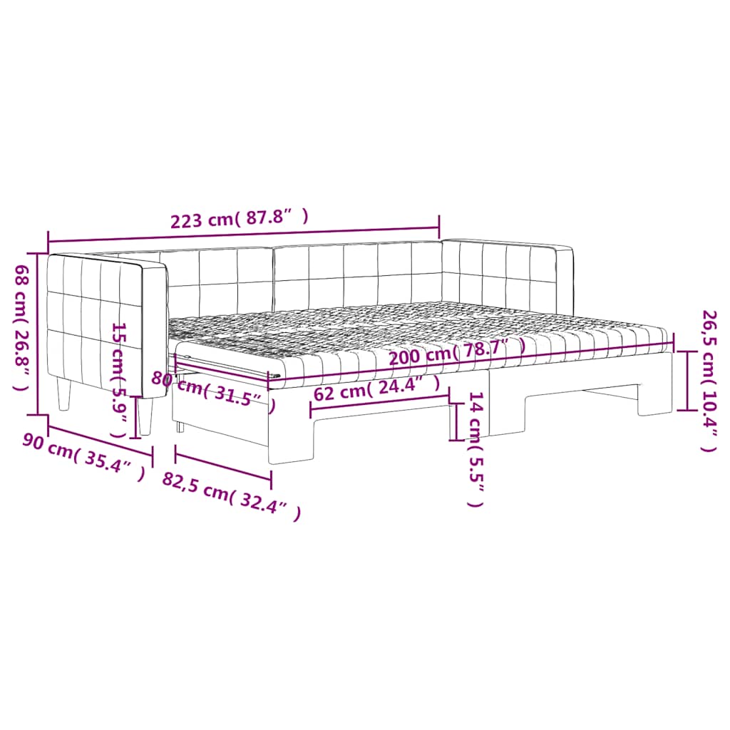 Slaapbank onderschuifbed matrassen 80x200cm fluweel donkergrijs