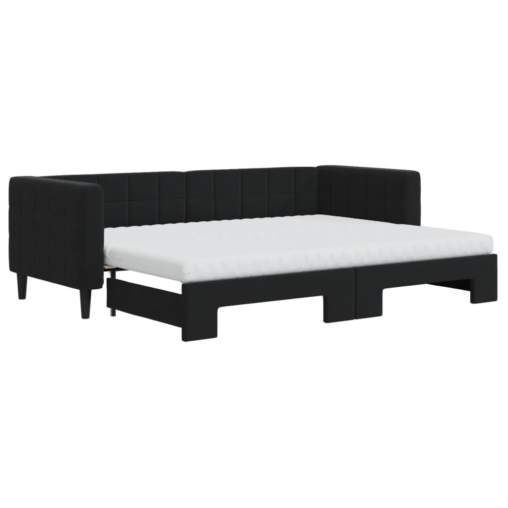 Slaapbank Onderschuifbed En Matrassen Fluweel 80 x 200 cm Zwart met onderschuifbed en matras