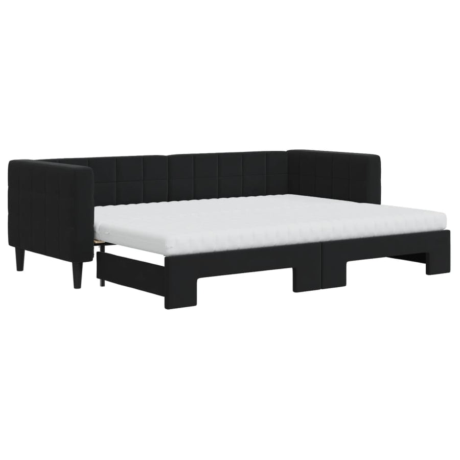 Slaapbank Onderschuifbed En Matrassen Fluweel 80 x 200 cm Zwart met onderschuifbed en matras