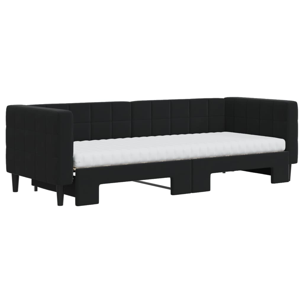 Slaapbank Onderschuifbed En Matrassen Fluweel 80 x 200 cm Zwart met onderschuifbed en matras