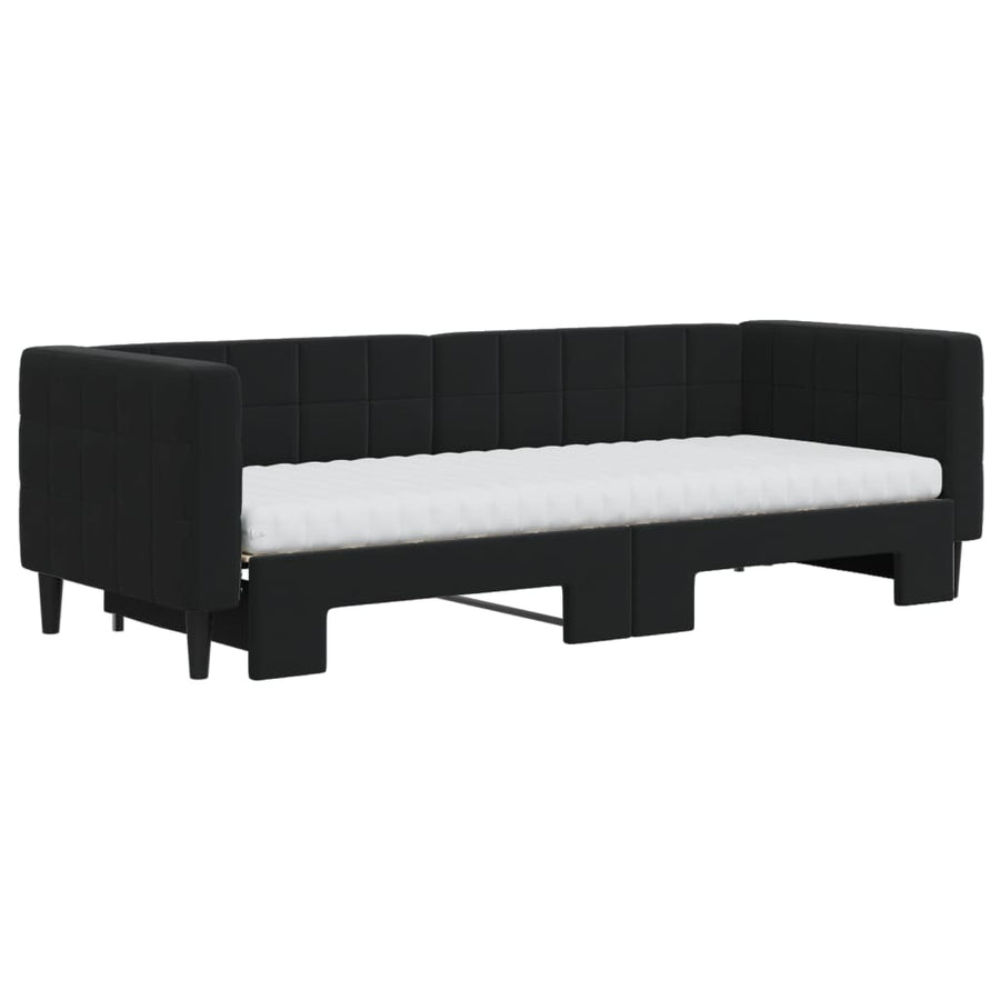 Slaapbank Onderschuifbed En Matrassen Fluweel 80 x 200 cm Zwart met onderschuifbed en matras