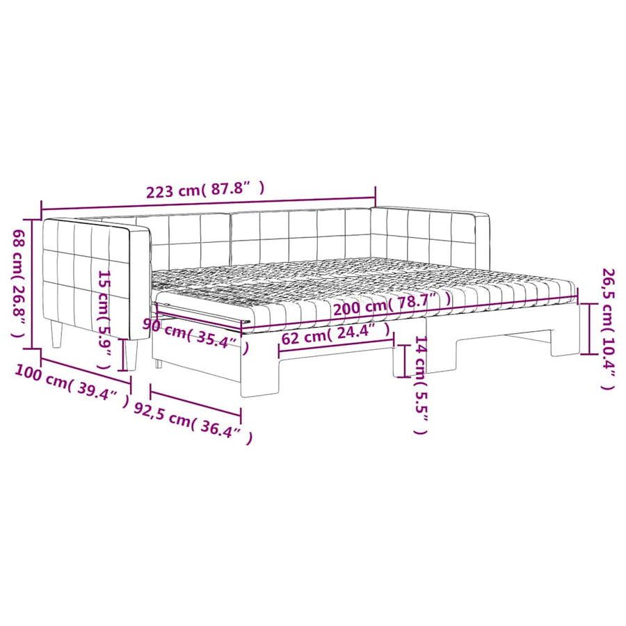 Slaapbank onderschuifbed matrassen 90x200cm fluweel donkergrijs