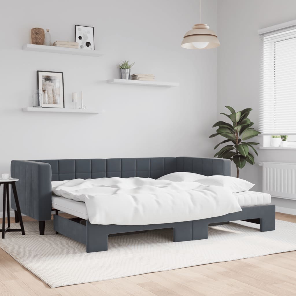 Slaapbank onderschuifbed matrassen 90x200cm fluweel donkergrijs