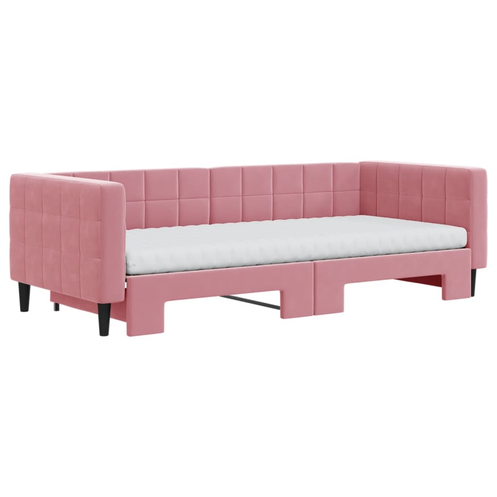 Slaapbank onderschuifbed en matrassen 90x200 cm fluweel roze