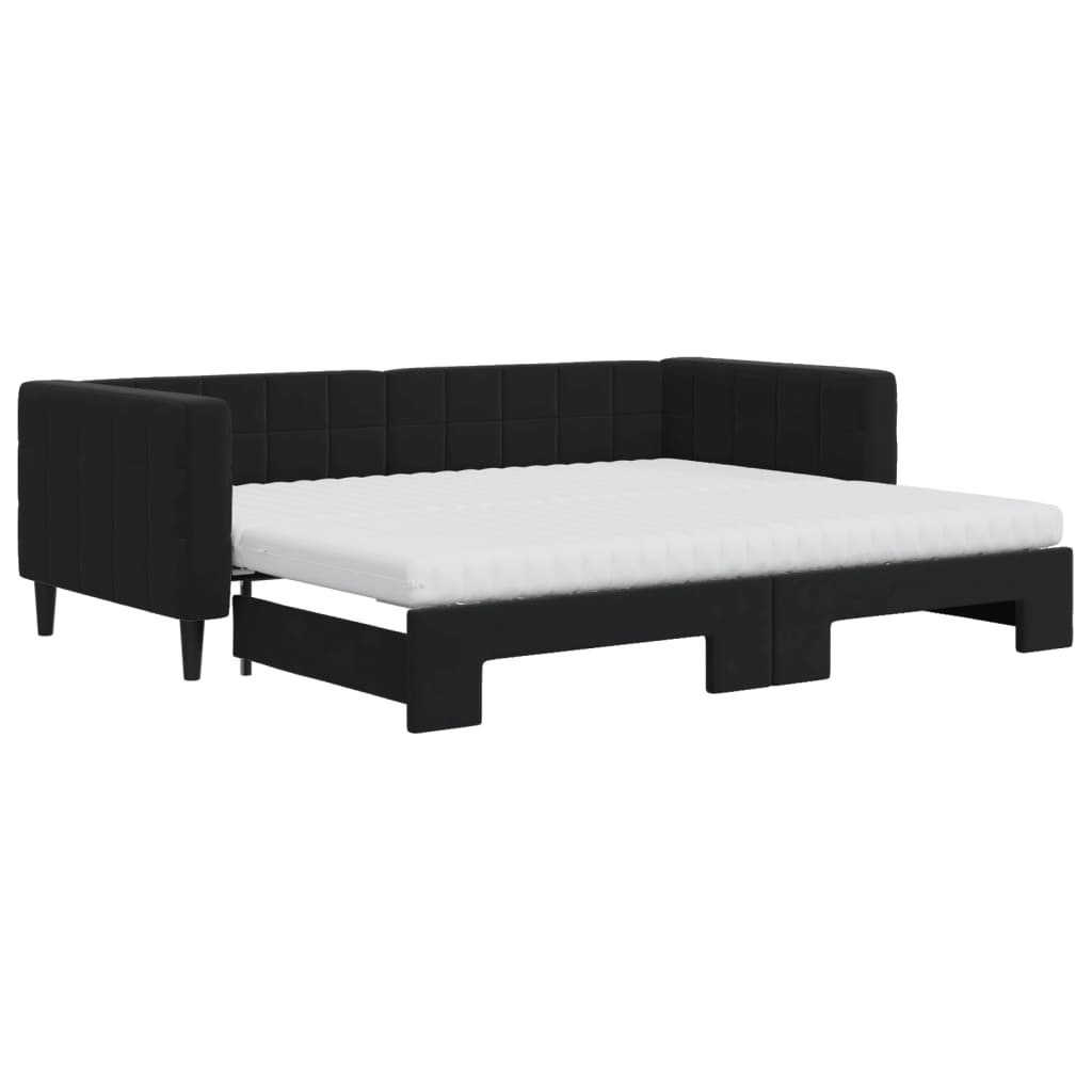 Slaapbank Onderschuifbed En Matrassen Fluweel 90 x 200 cm Zwart met onderschuifbed en matras