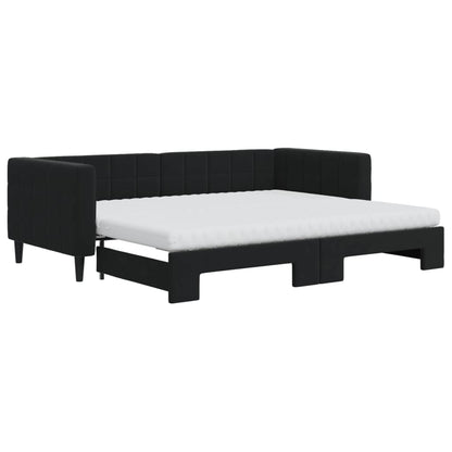 Slaapbank Onderschuifbed En Matrassen Fluweel 90 x 200 cm Zwart met onderschuifbed en matras