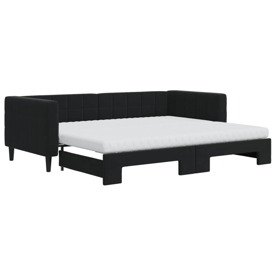 Slaapbank Onderschuifbed En Matrassen Fluweel 90 x 200 cm Zwart met onderschuifbed en matras
