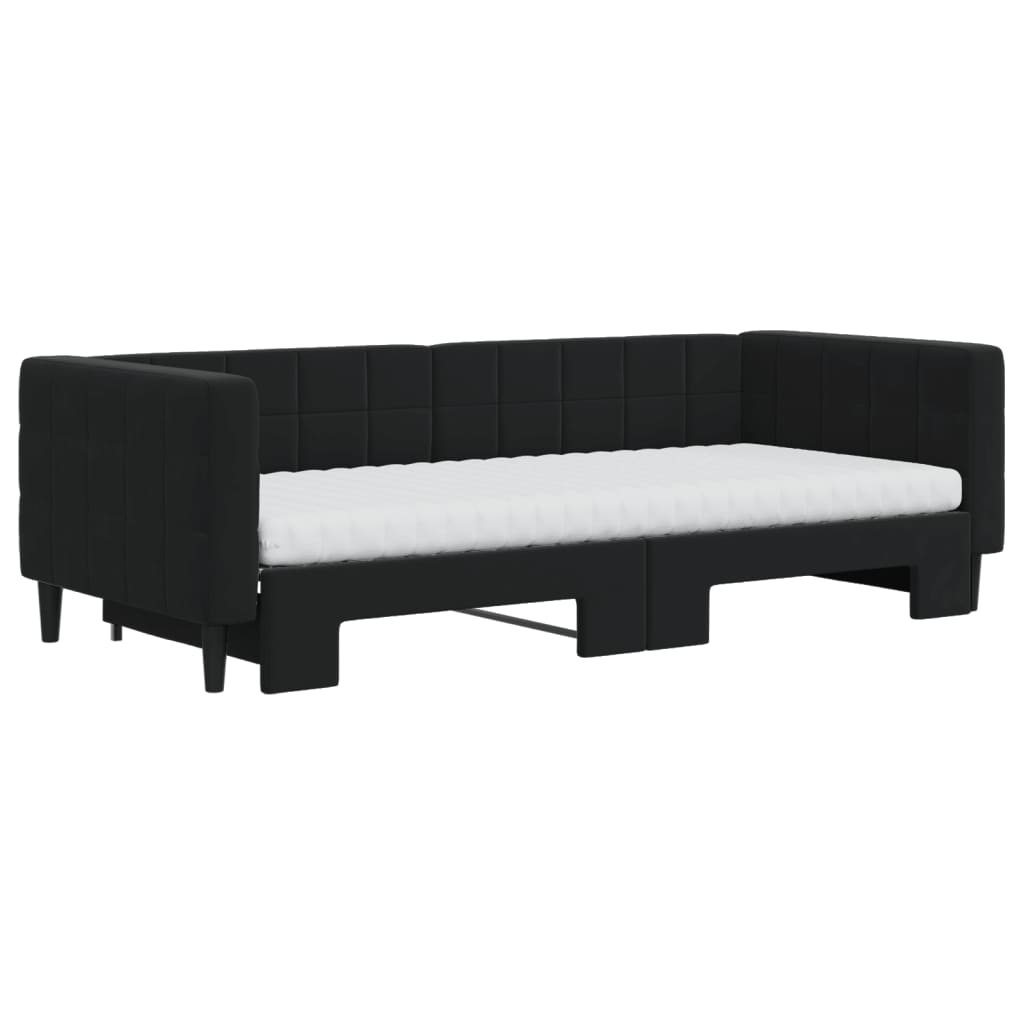 Slaapbank Onderschuifbed En Matrassen Fluweel 90 x 200 cm Zwart met onderschuifbed en matras