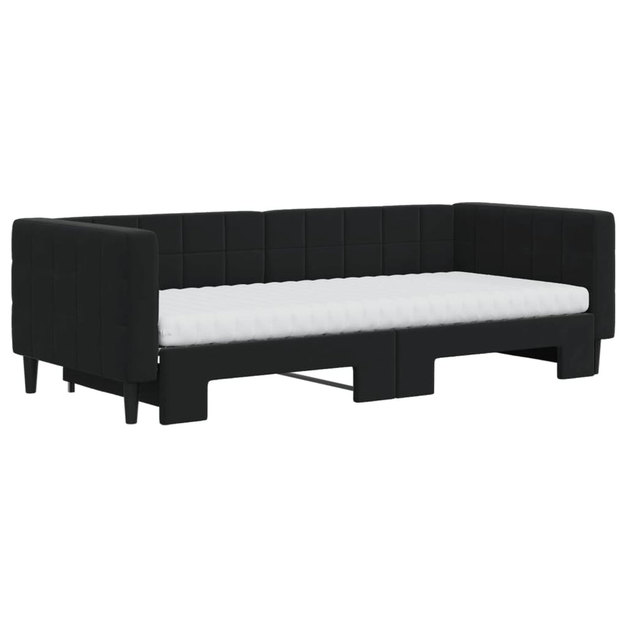 Slaapbank Onderschuifbed En Matrassen Fluweel 90 x 200 cm Zwart met onderschuifbed en matras