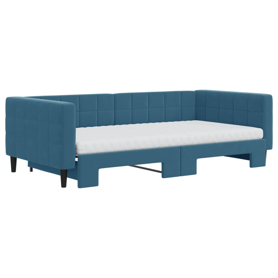 Slaapbank Onderschuifbed En Matrassen Fluweel 100 x 200 cm Blauw met onderschuifbed en matras