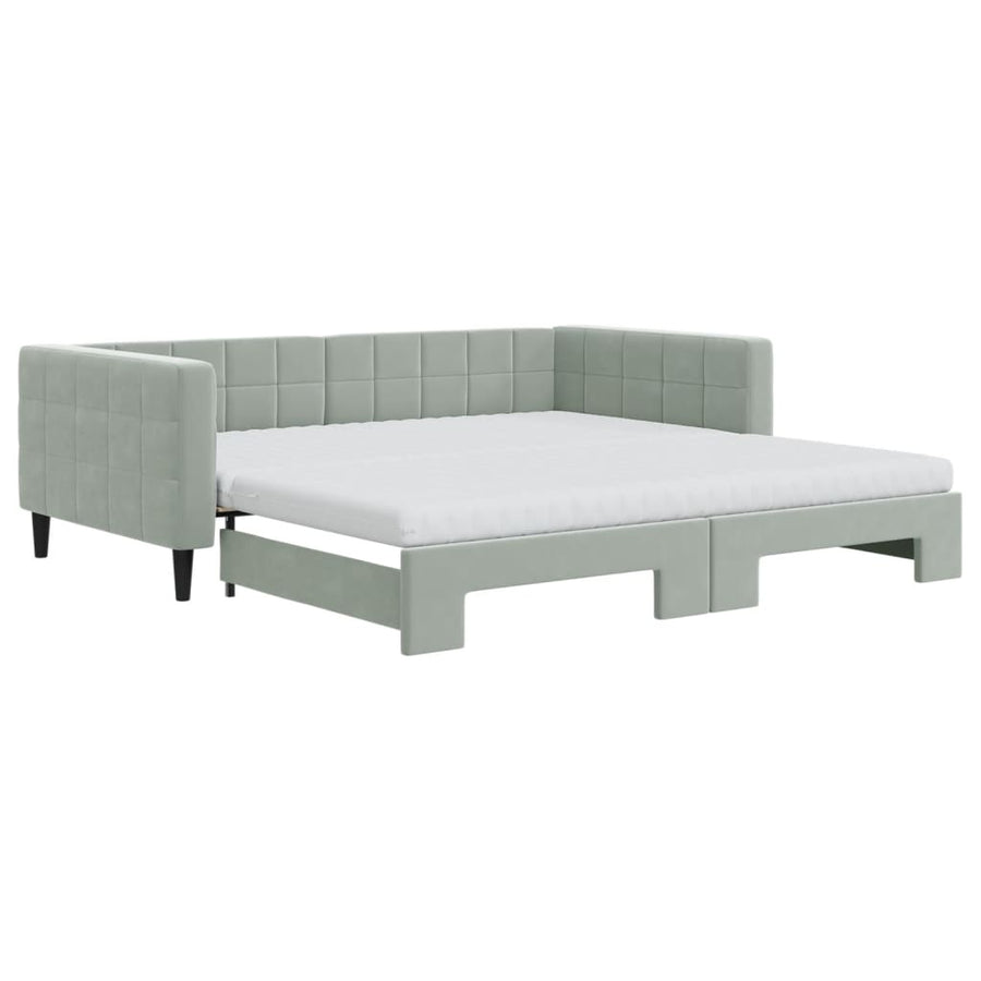 Slaapbank Onderschuifbed Matrassen 100X200Cm Fluweel 100 x 200 cm Lichtgrijs met onderschuifbed en matras