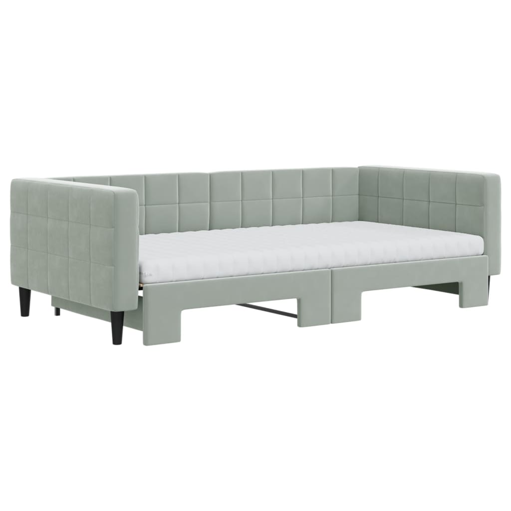 Slaapbank Onderschuifbed Matrassen 100X200Cm Fluweel 100 x 200 cm Lichtgrijs met onderschuifbed en matras