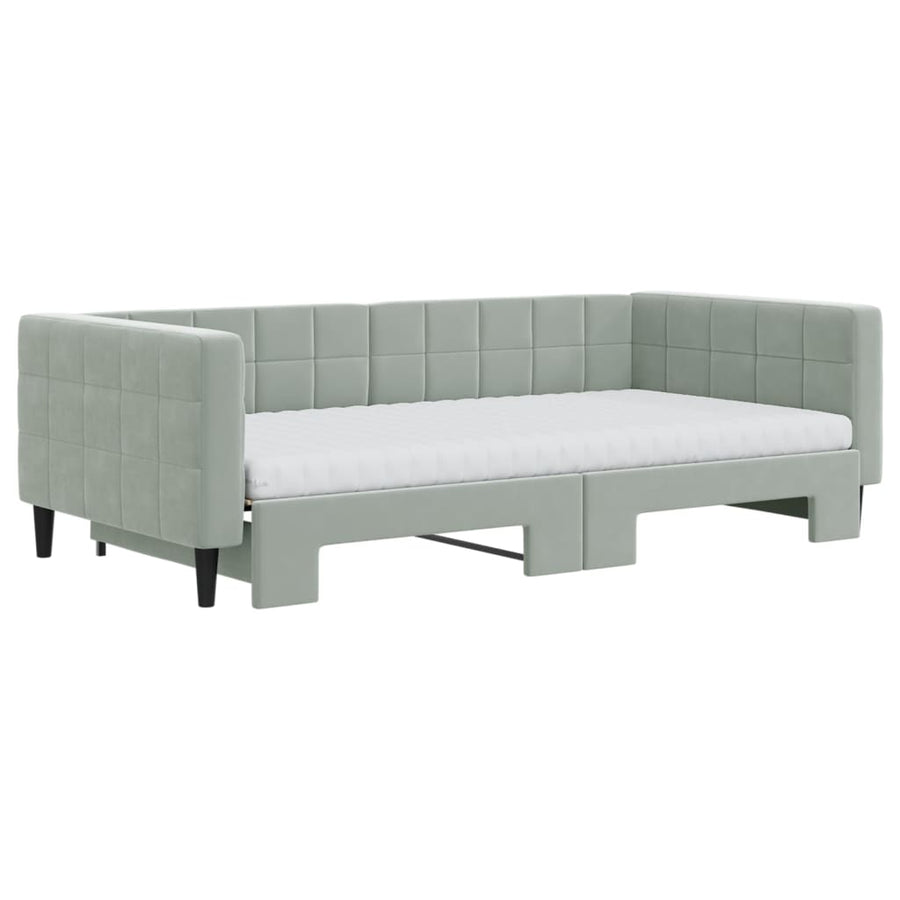 Slaapbank Onderschuifbed Matrassen 100X200Cm Fluweel 100 x 200 cm Lichtgrijs met onderschuifbed en matras