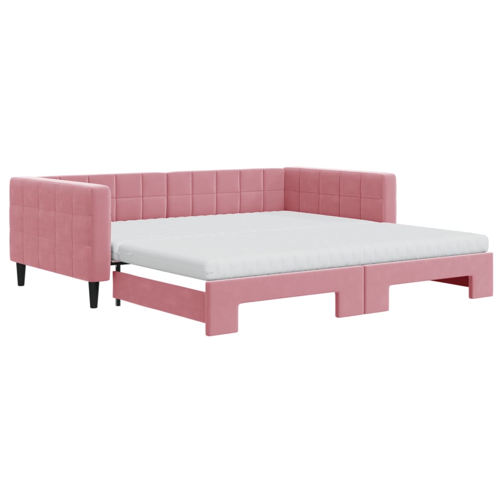 Slaapbank onderschuifbed en matrassen 100x200 cm fluweel roze