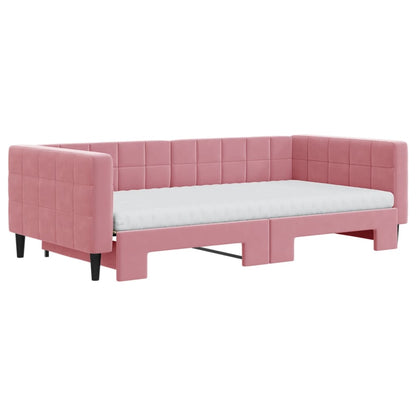 Slaapbank onderschuifbed en matrassen 100x200 cm fluweel roze