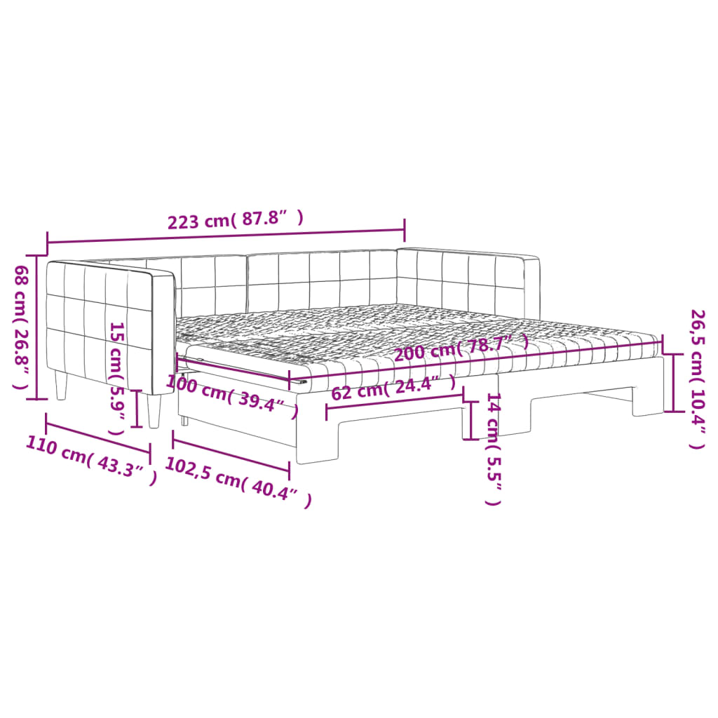 Slaapbank onderschuifbed en matrassen 100x200 cm fluweel roze