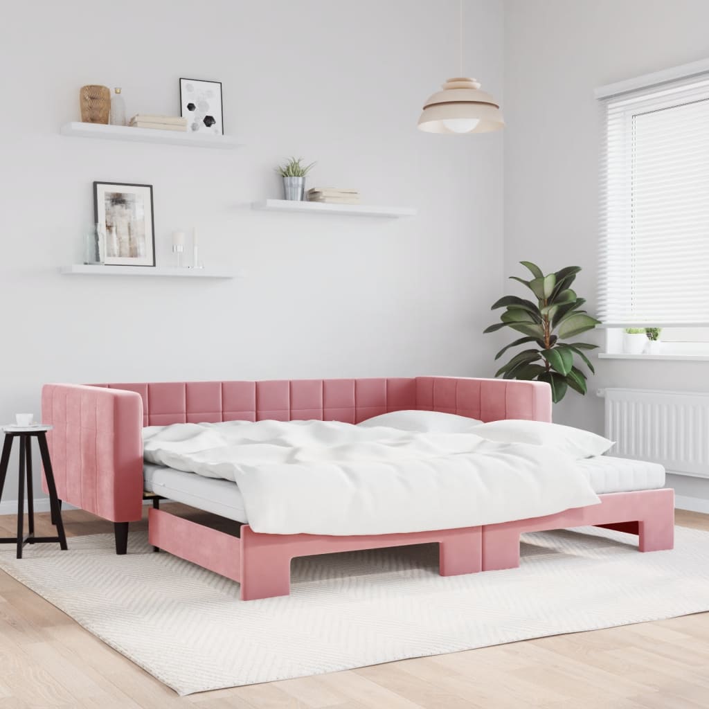 Slaapbank onderschuifbed en matrassen 100x200 cm fluweel roze