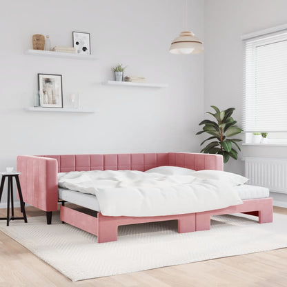 Slaapbank onderschuifbed en matrassen 100x200 cm fluweel roze