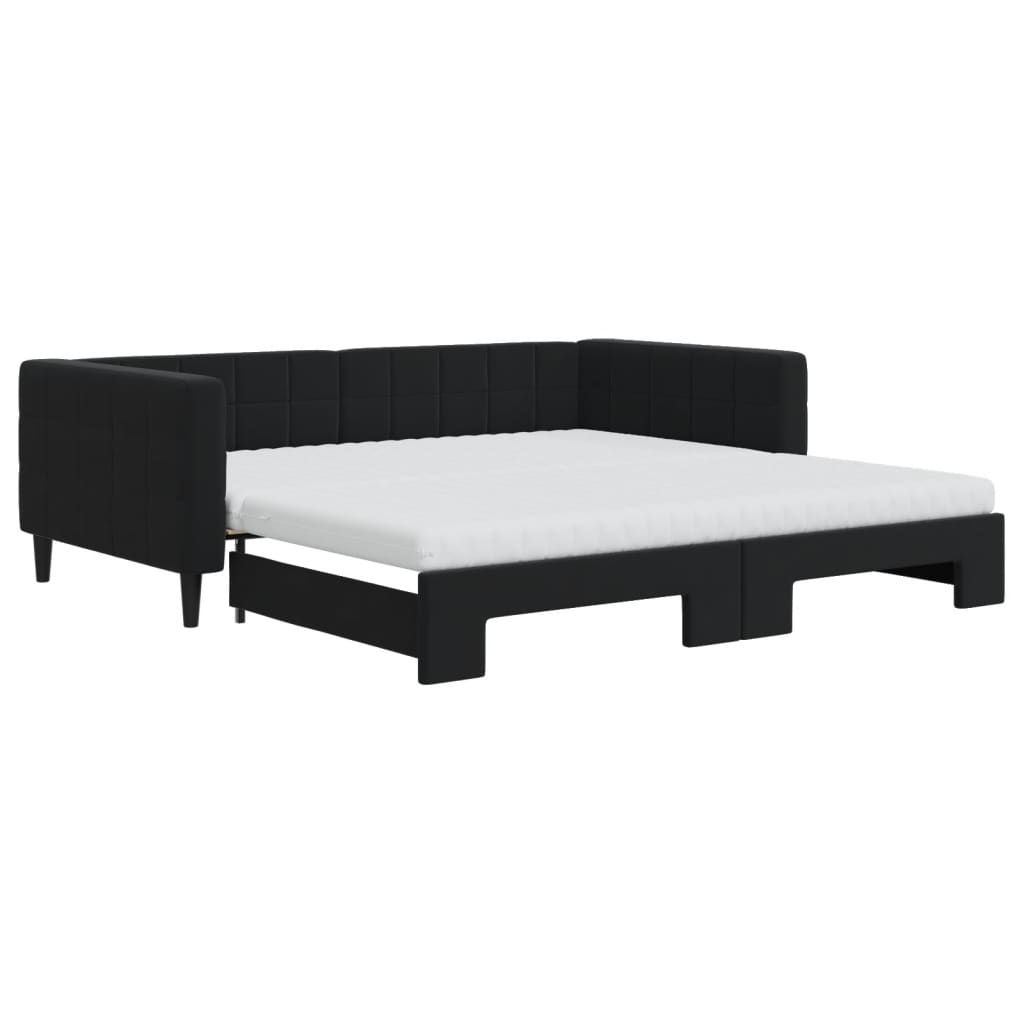 Slaapbank Onderschuifbed En Matrassen Fluweel 100 x 200 cm Zwart met onderschuifbed en matras