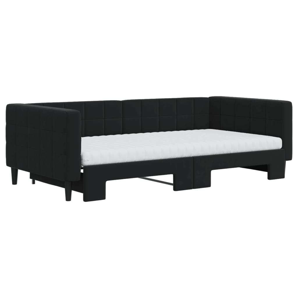 Slaapbank Onderschuifbed En Matrassen Fluweel 100 x 200 cm Zwart met onderschuifbed en matras