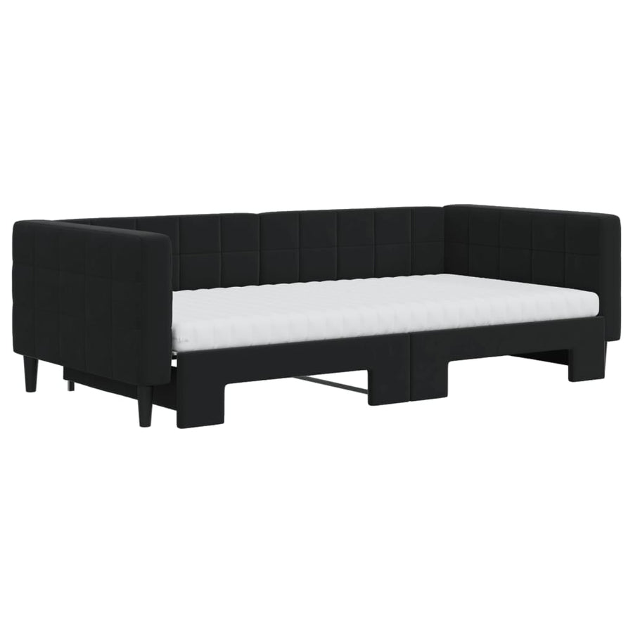 Slaapbank Onderschuifbed En Matrassen Fluweel 100 x 200 cm Zwart met onderschuifbed en matras