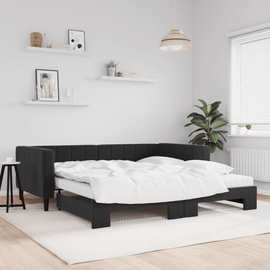 Slaapbank Onderschuifbed En Matrassen Fluweel 100 x 200 cm Zwart met onderschuifbed en matras