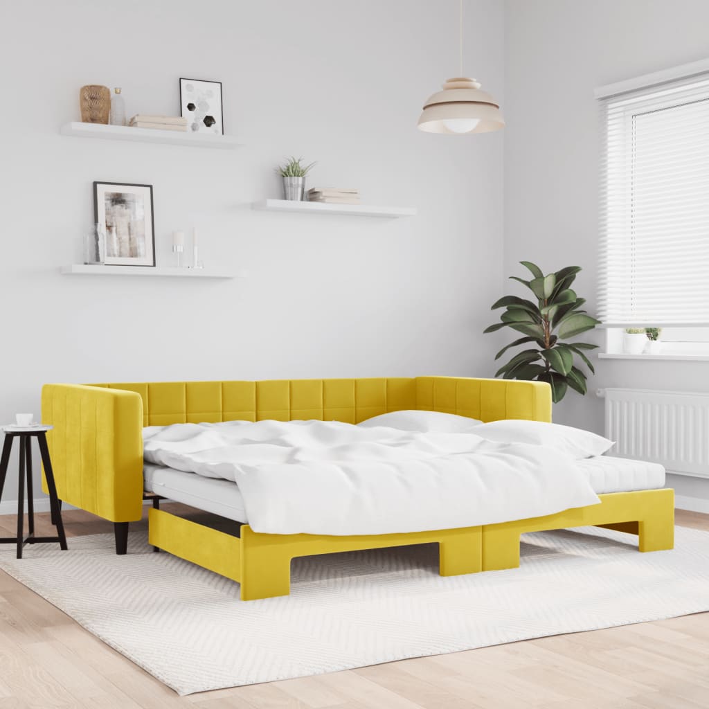 Slaapbank onderschuifbed en matrassen 100x200 cm fluweel geel