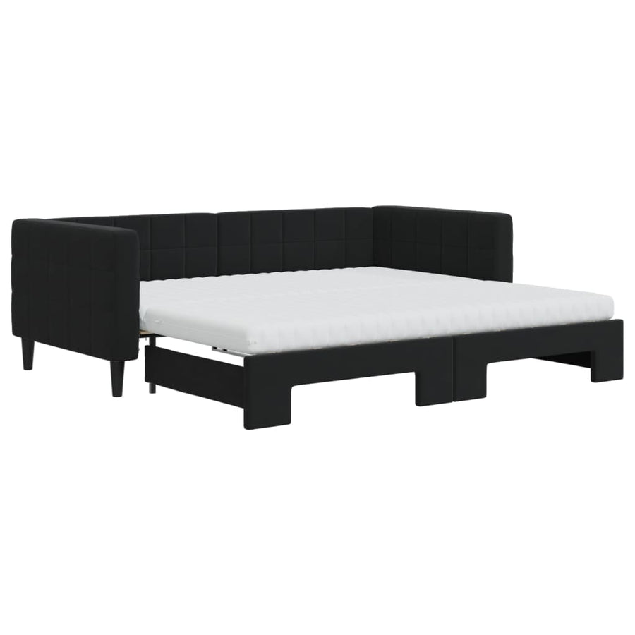 Slaapbank Onderschuifbed En Matrassen Fluweel 90 x 190 cm Zwart met onderschuifbed en matras