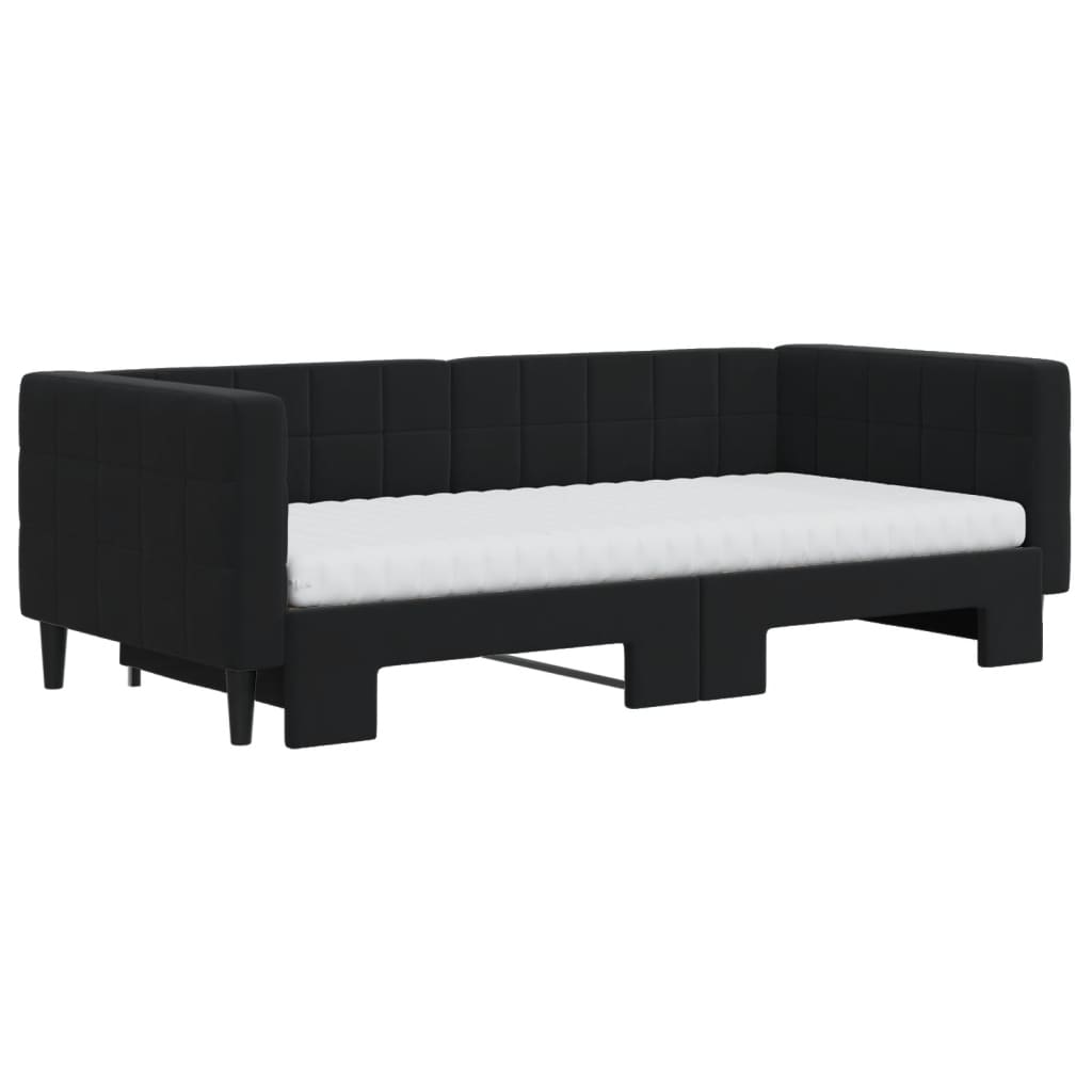 Slaapbank Onderschuifbed En Matrassen Fluweel 90 x 190 cm Zwart met onderschuifbed en matras