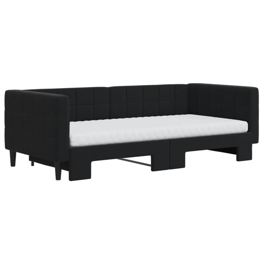 Slaapbank Onderschuifbed En Matrassen Fluweel 90 x 190 cm Zwart met onderschuifbed en matras