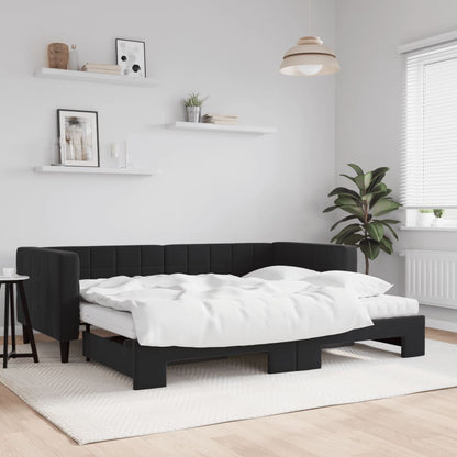 Slaapbank Onderschuifbed En Matrassen Fluweel 90 x 190 cm Zwart met onderschuifbed en matras