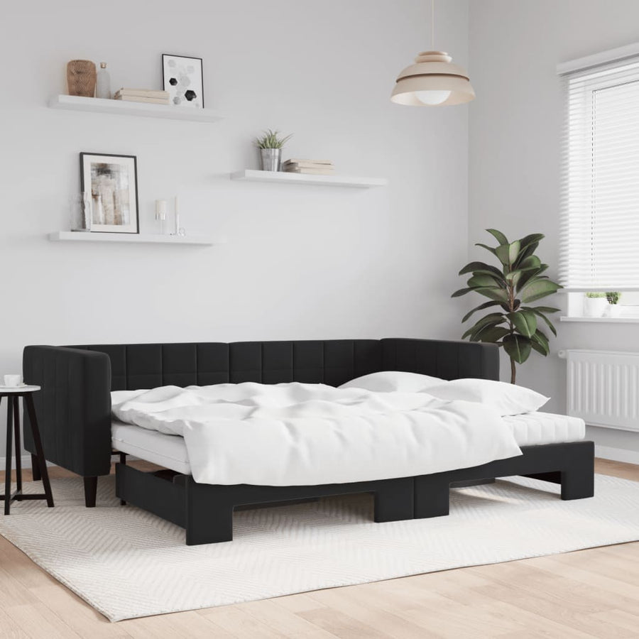 Slaapbank Onderschuifbed En Matrassen Fluweel 90 x 190 cm Zwart met onderschuifbed en matras