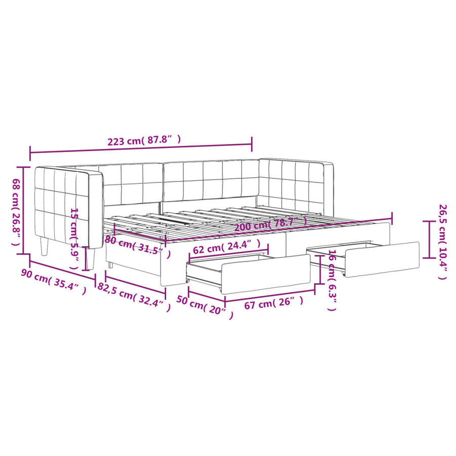 Slaapbank Onderschuifbed En Lades Fluweel 80 x 200 cm Lichtgrijs met onderschuifbed en lade