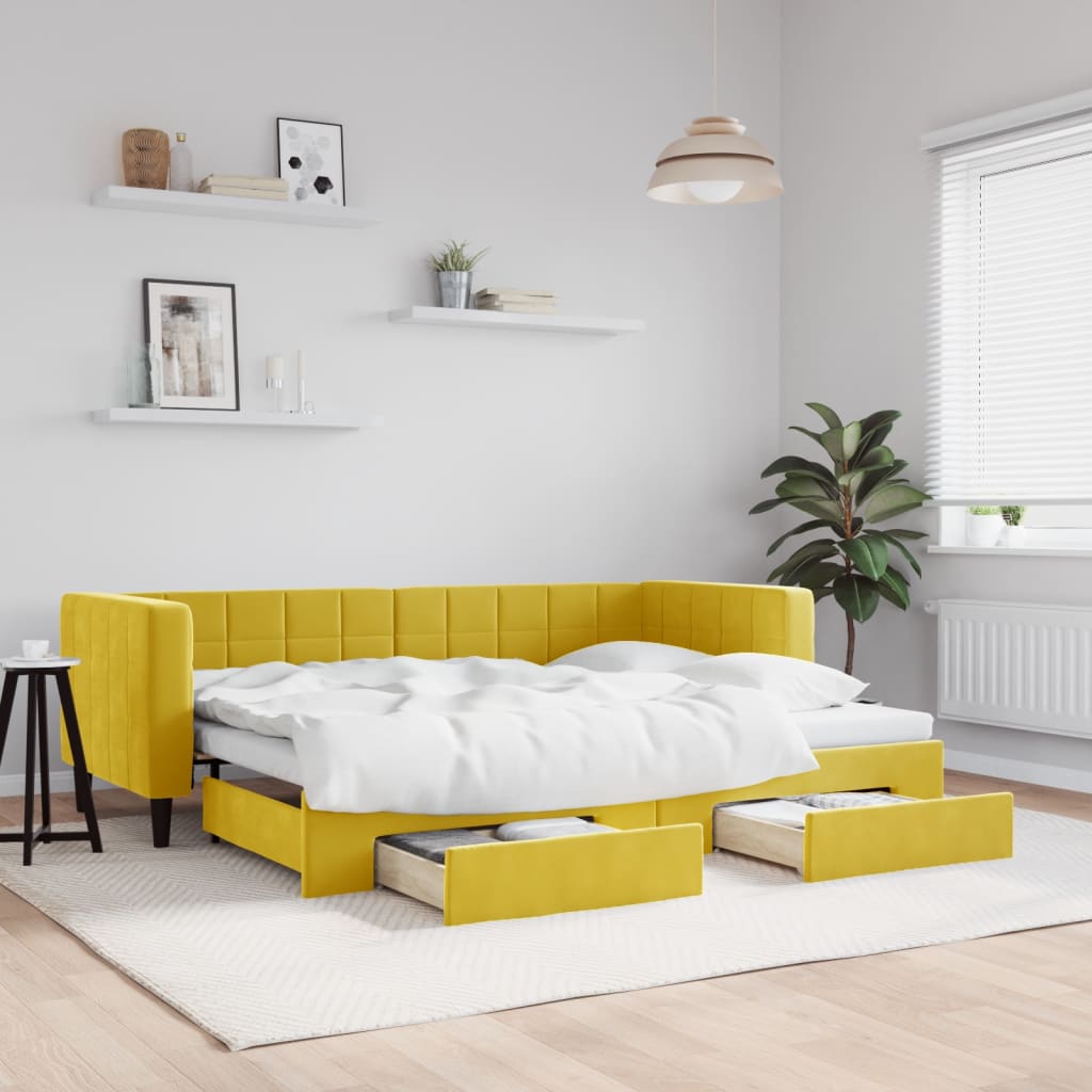 Slaapbank S Fluweel 80 x 200 cm Geel met onderschuifbed en lade
