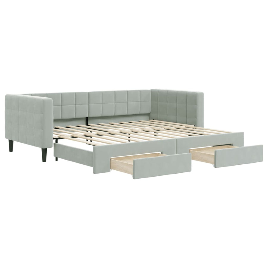 Slaapbank Onderschuifbed En Lades Fluweel 90 x 200 cm Lichtgrijs met onderschuifbed en lade