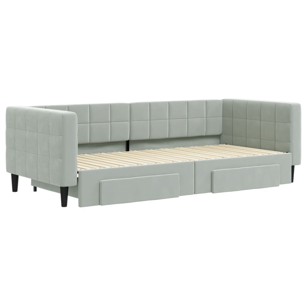Slaapbank Onderschuifbed En Lades Fluweel 90 x 200 cm Lichtgrijs met onderschuifbed en lade
