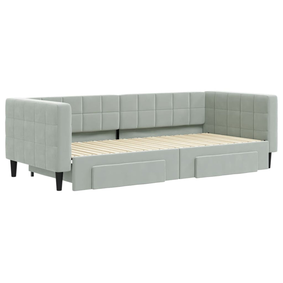 Slaapbank Onderschuifbed En Lades Fluweel 90 x 200 cm Lichtgrijs met onderschuifbed en lade