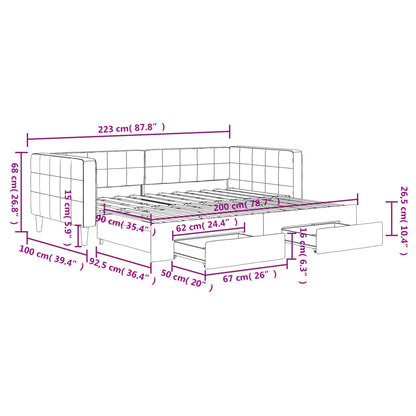 Slaapbank Onderschuifbed En Lades Fluweel 90 x 200 cm Lichtgrijs met onderschuifbed en lade