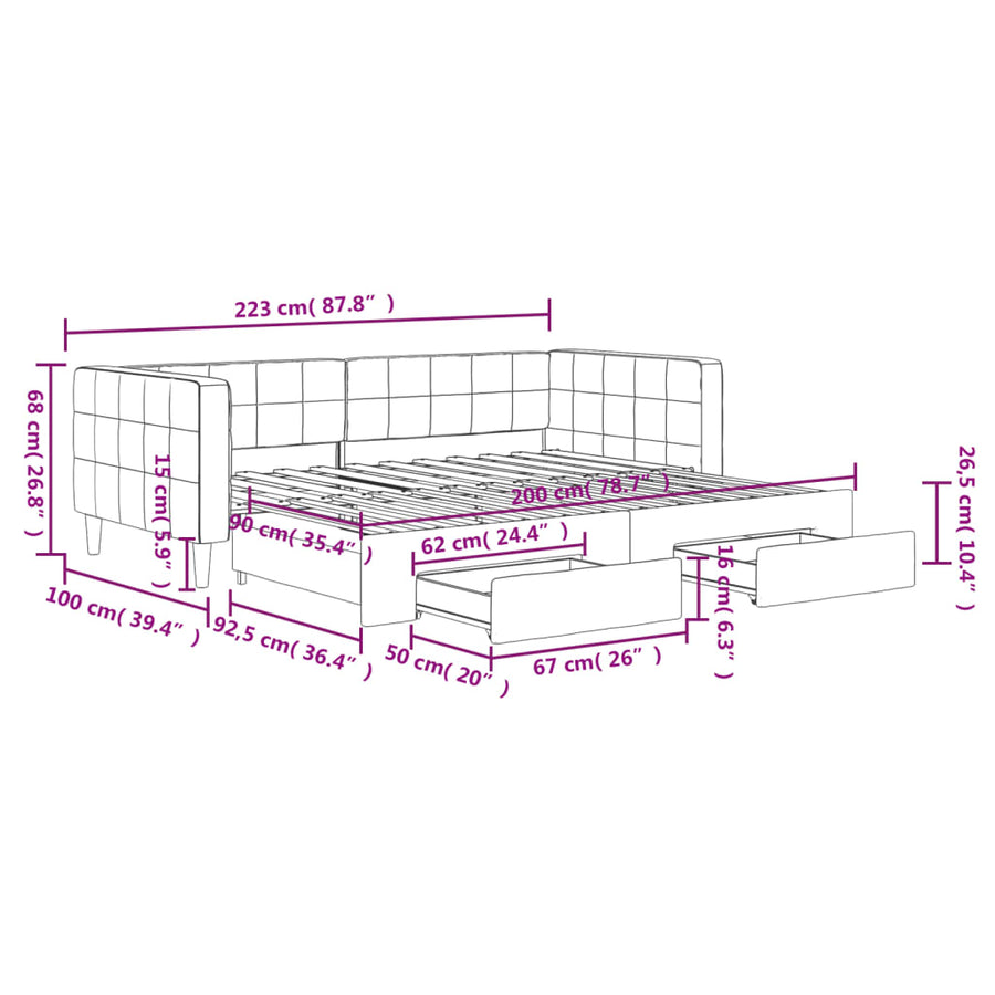 Slaapbank Onderschuifbed En Lades Fluweel 90 x 200 cm Lichtgrijs met onderschuifbed en lade