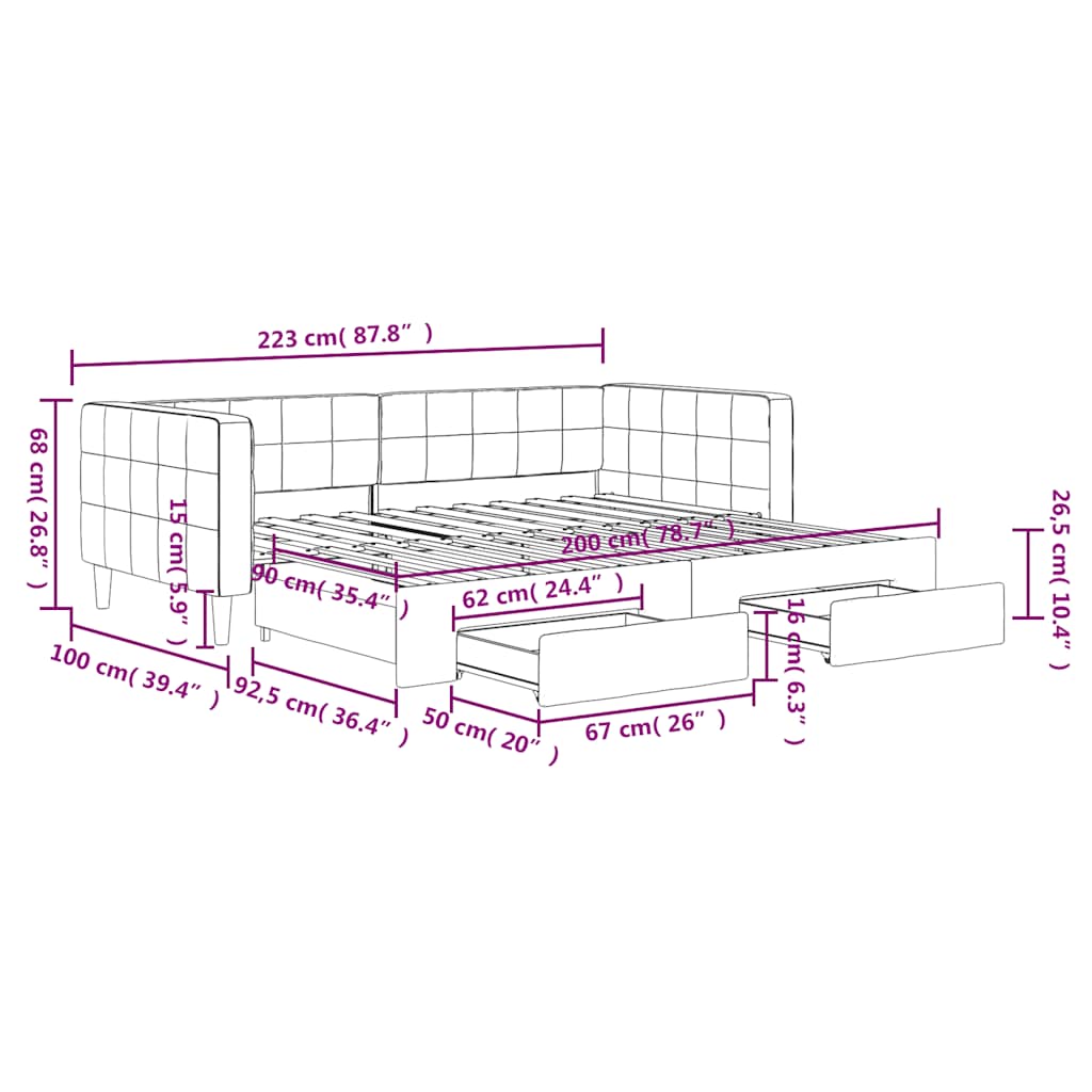 Slaapbank onderschuifbed en lades 90x200 cm fluweel donkergrijs