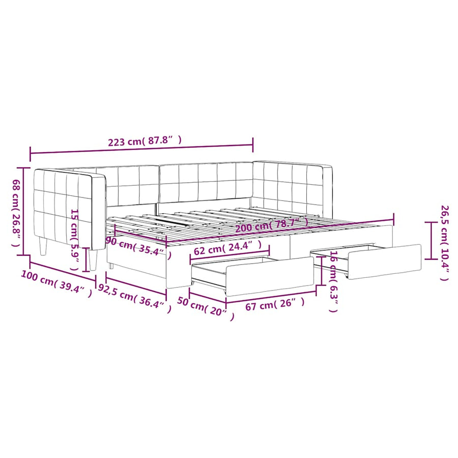 Slaapbank onderschuifbed en lades 90x200 cm fluweel donkergrijs
