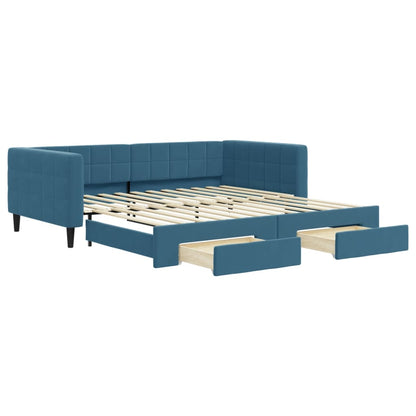 Slaapbank S Fluweel 100 x 200 cm Blauw met onderschuifbed en lade