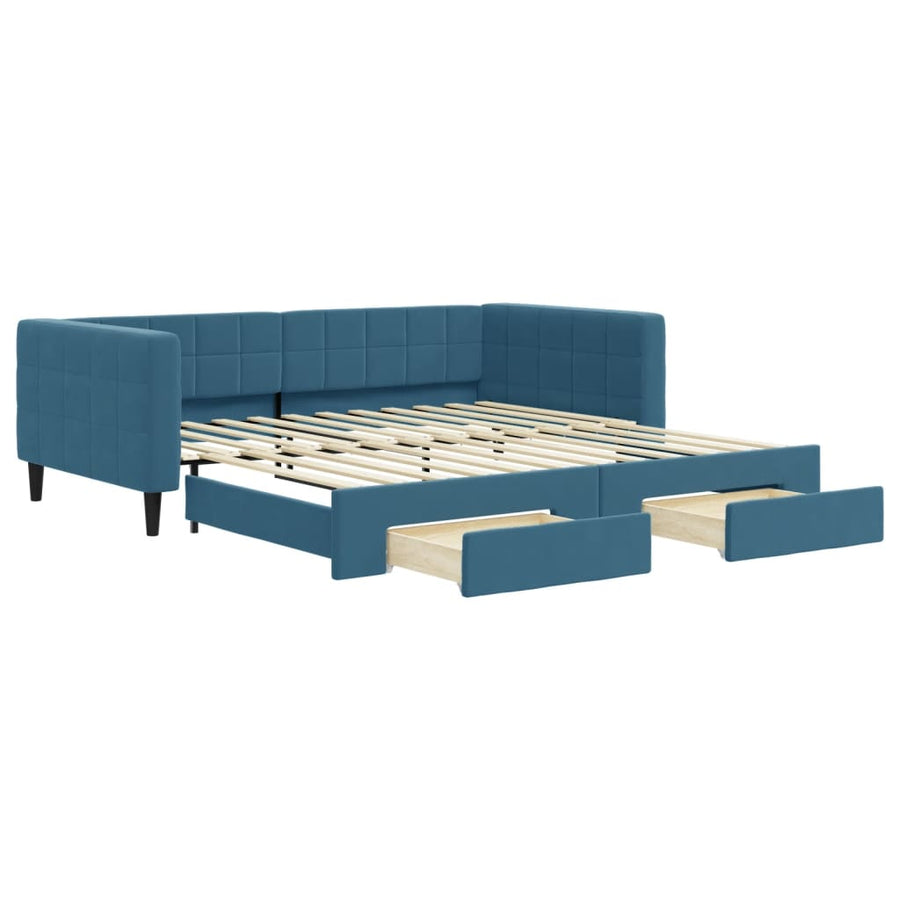 Slaapbank S Fluweel 100 x 200 cm Blauw met onderschuifbed en lade