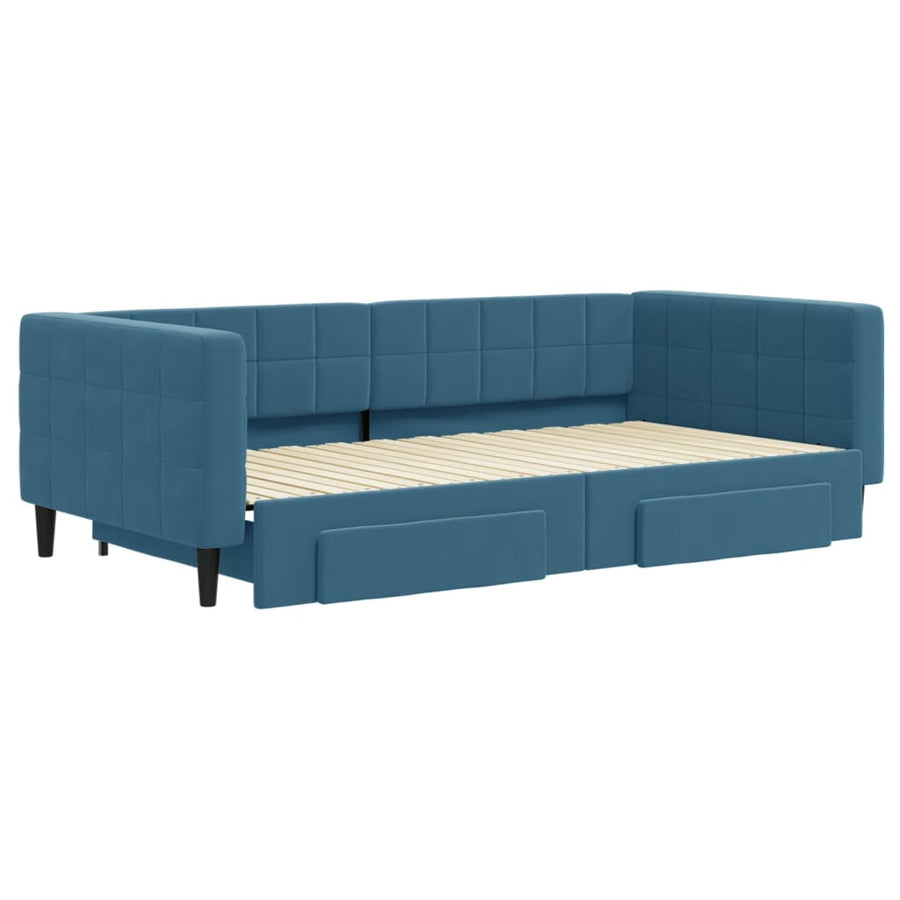 Slaapbank S Fluweel 100 x 200 cm Blauw met onderschuifbed en lade