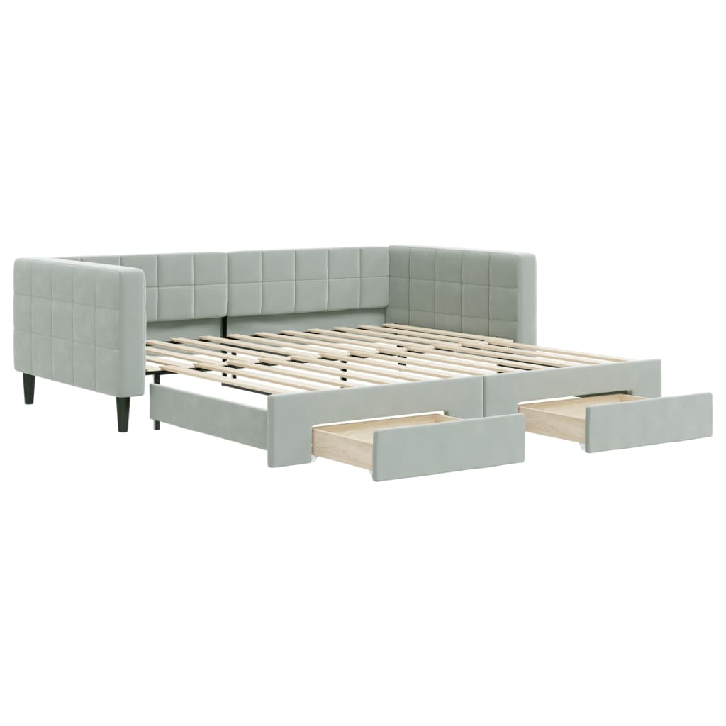 Slaapbank Onderschuifbed En Lades Fluweel 100 x 200 cm Lichtgrijs met onderschuifbed en lade