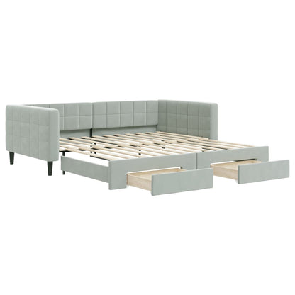 Slaapbank Onderschuifbed En Lades Fluweel 100 x 200 cm Lichtgrijs met onderschuifbed en lade